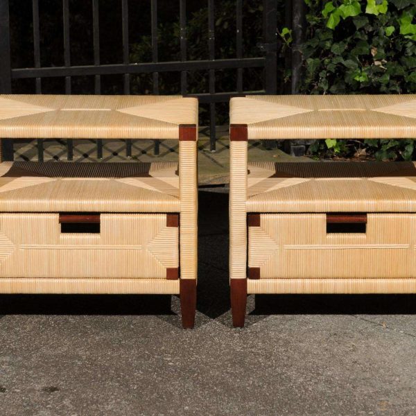 Beautiful Pair of Rush Wicker Rattan End Tables by John Hutton for Donghia - Image 3