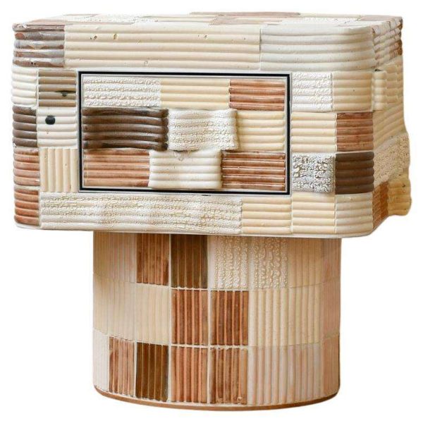 Pair of Sarcophagus Bedside Tables in Sculpted Ceramics and Wood