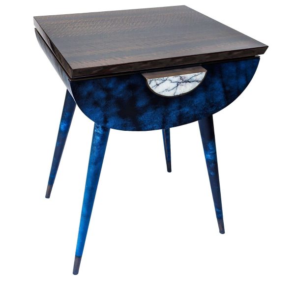 Pair of Bedside Tables in Blue Vellum, Marble, Bronzed Brass, Fumed Eucalyptus - Image 2