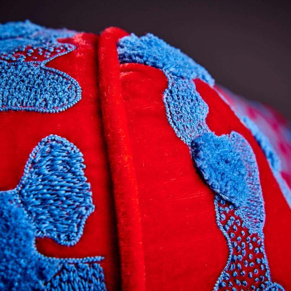 Red and Blue Harvey Probber Sofa with Jupe by Jackie Hand Embroidered Fabric - Image 2