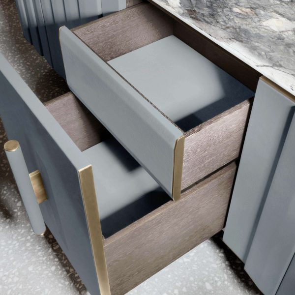 Contemporary Sideboard by Hessentia in Light-Blue Leather with Grey Marble Top - Image 5