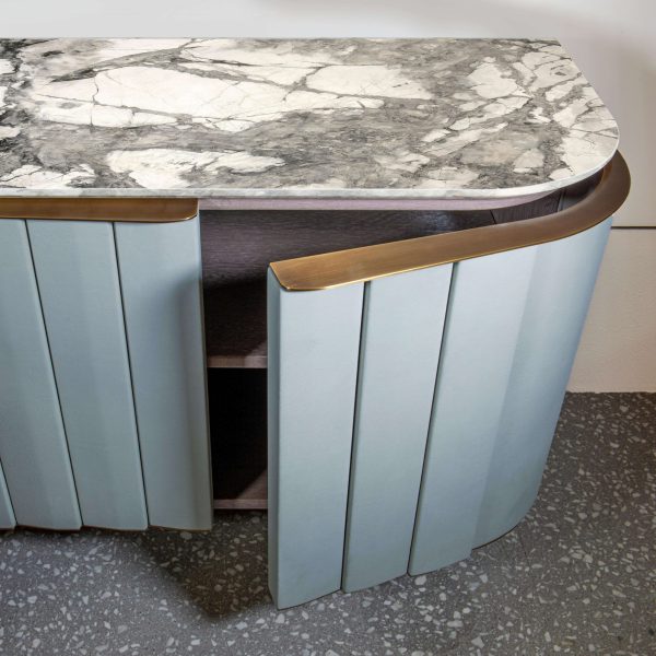 Contemporary Sideboard by Hessentia in Light-Blue Leather with Grey Marble Top - Image 3