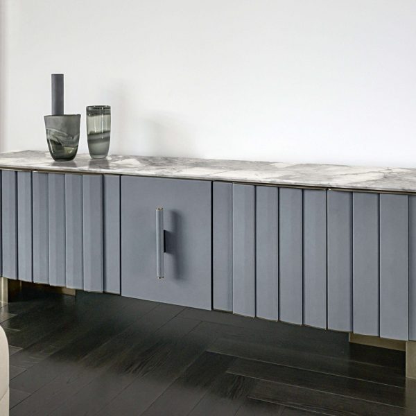 Contemporary Sideboard by Hessentia in Light-Blue Leather with Grey Marble Top - Image 2