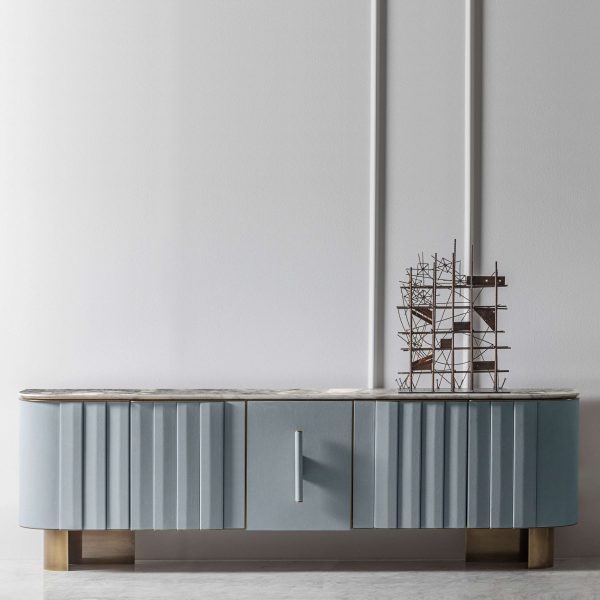 Contemporary Sideboard by Hessentia in Light-Blue Leather with Grey Marble Top - Image 4